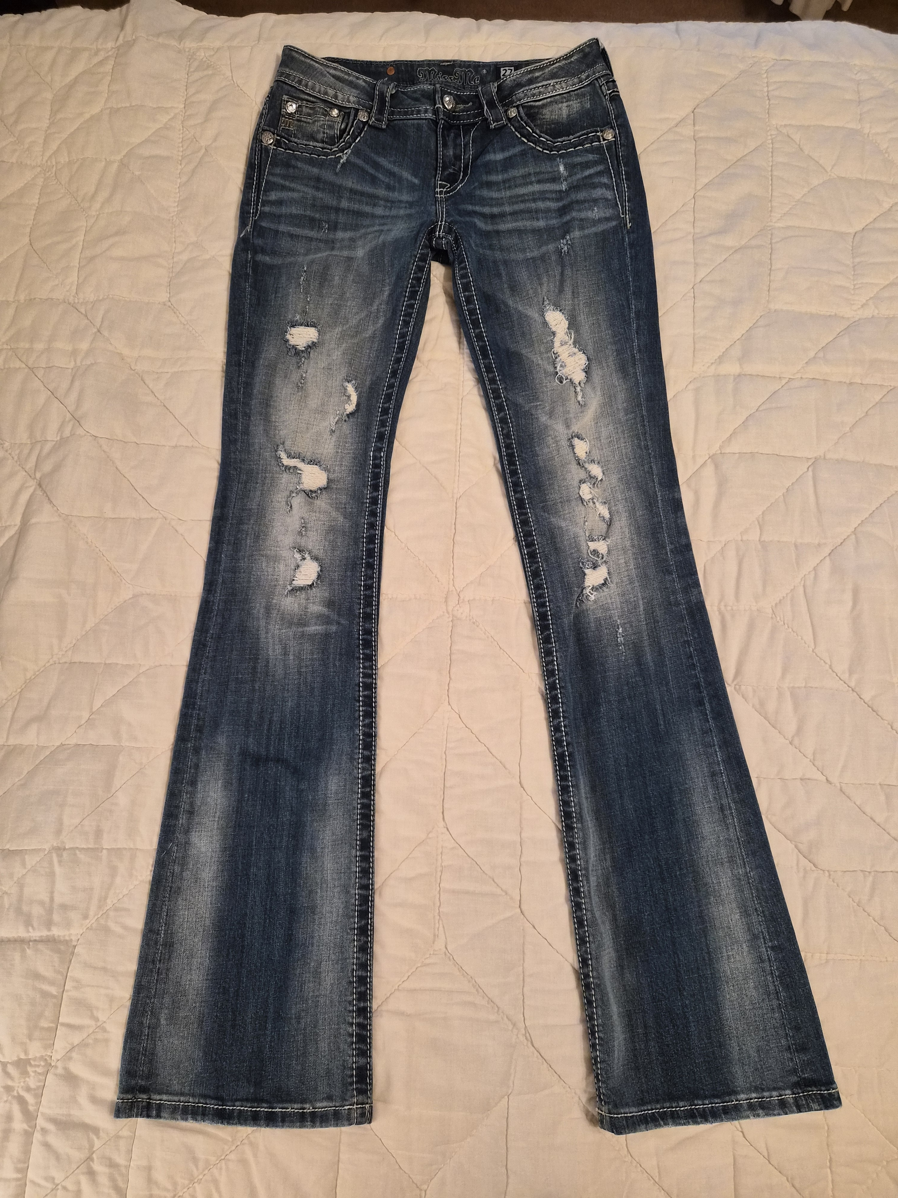 Miss Me -Tall Bootcut - Distressed- Fleur De Lis Embroidered Jeans - Size 27